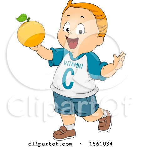 Clipart of a Boy Wearing a Vitamin C Shirt and Holding up an Orange - Royalty Free Vector Illustration by BNP Design Studio