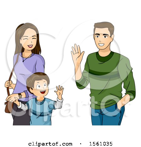 Clipart of a Boy Holding Hands with His Mom and Waving to His Dad - Royalty Free Vector Illustration by BNP Design Studio