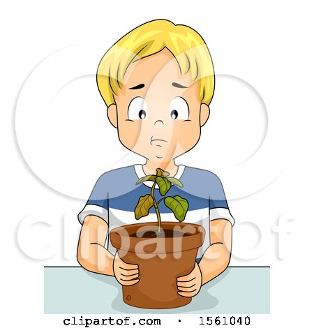 Clipart of a Boy with a Dying Potted Plant - Royalty Free Vector Illustration by BNP Design Studio