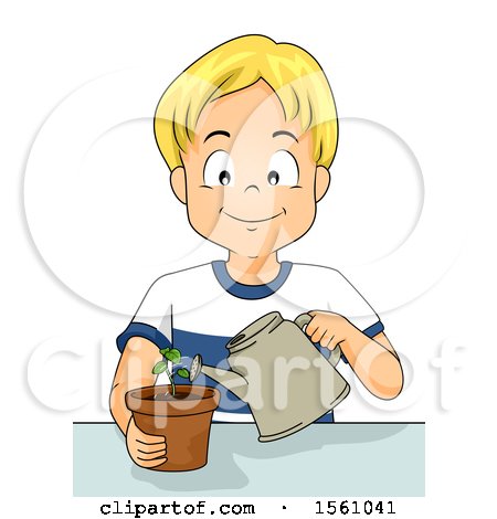 Clipart of a Boy Watering a Potted Plant - Royalty Free Vector Illustration by BNP Design Studio