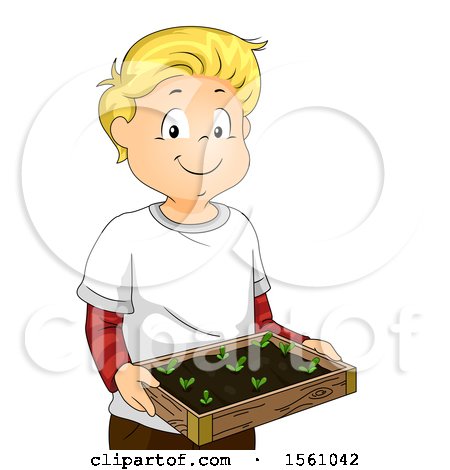 Clipart of a Boy Holding a Seed Bed with Sprouts - Royalty Free Vector Illustration by BNP Design Studio