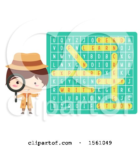Clipart of a Detective Boy by a Word Search Puzzle - Royalty Free Vector Illustration by BNP Design Studio