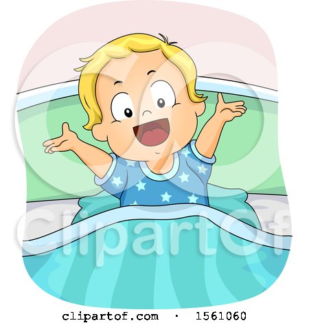Clipart of a White Toddler Boy Holding His Arms up in Bed - Royalty Free Vector Illustration by BNP Design Studio