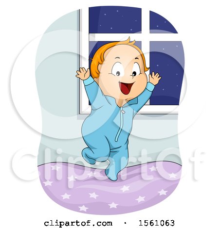 Clipart of a White Toddler Boy Jumping on a Bed - Royalty Free Vector Illustration by BNP Design Studio