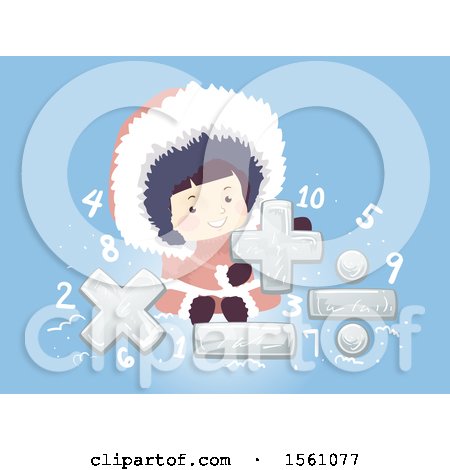Clipart of a Girl Eskimo with Ice Math Symbols and Nubmers, on Blue - Royalty Free Vector Illustration by BNP Design Studio
