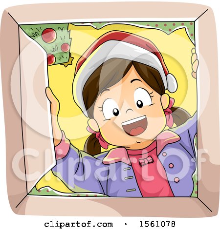 Clipart of a Happy Girl Wearing a Santa Hat and Looking into a Christmas Gift Box - Royalty Free Vector Illustration by BNP Design Studio
