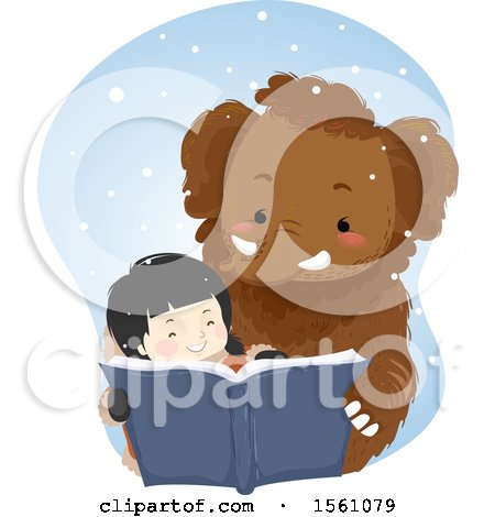 Clipart of a Happy Ice Age Girl and Mammoth Reading a Book - Royalty Free Vector Illustration by BNP Design Studio