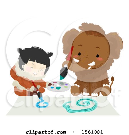 Clipart of a Happy Ice Age Girl and Mammoth Painting - Royalty Free Vector Illustration by BNP Design Studio