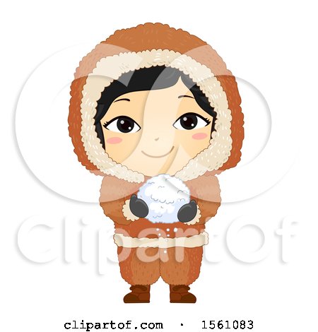 Clipart of a Happy Eskimo Girl Holding a Snow Ball - Royalty Free Vector Illustration by BNP Design Studio
