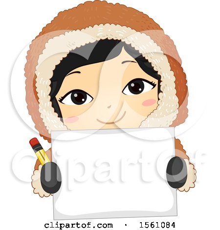 Clipart of a Happy Eskimo Girl Holding a Pencil and Blank Piece of Paper - Royalty Free Vector Illustration by BNP Design Studio