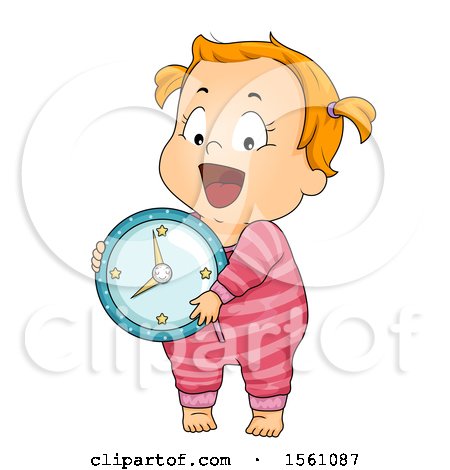 Clipart of a Brunette Toddler Girl in Pajamas, Holding a Clock - Royalty Free Vector Illustration by BNP Design Studio