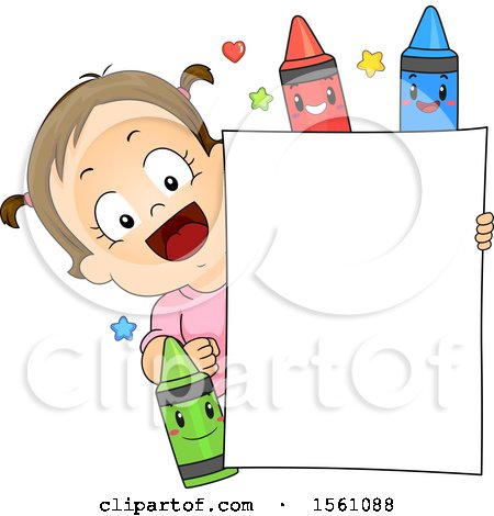 Clipart of a Brunette Toddler Girl with a Blank Sign and Crayon Characters - Royalty Free Vector Illustration by BNP Design Studio