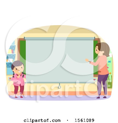 Clipart of a Teacher and Girl by a Blank Projector Screen - Royalty Free Vector Illustration by BNP Design Studio