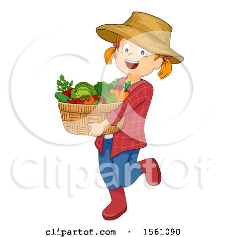 Clipart of a Red Haired Farmer Girl Carrying a Basket of Produce - Royalty Free Vector Illustration by BNP Design Studio