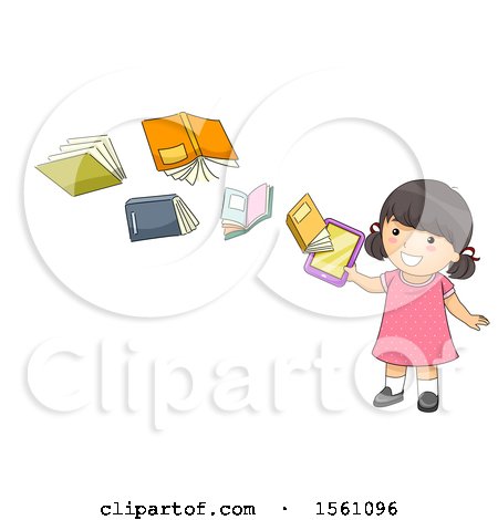 Clipart of a Girl with Books Flying from a Tablet - Royalty Free Vector Illustration by BNP Design Studio