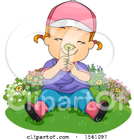 Clipart of a Red Haired Toddler Girl Smelling a Flower - Royalty Free Vector Illustration by BNP Design Studio