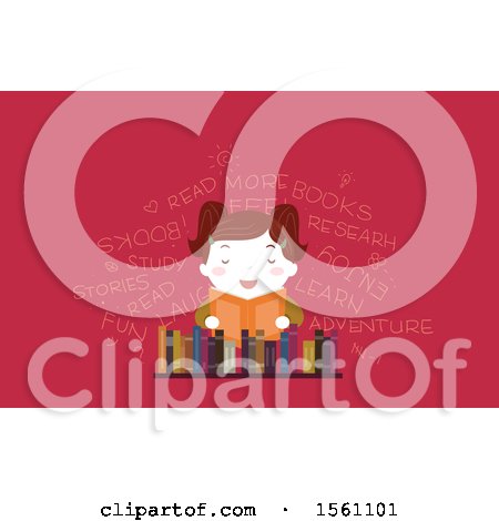 Clipart of a Girl Reading a Book, with Text on Pink - Royalty Free Vector Illustration by BNP Design Studio