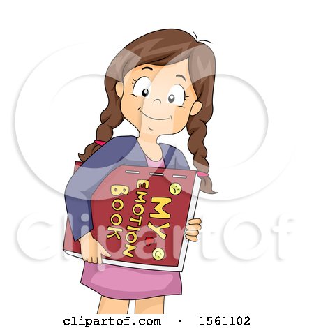 Clipart of a Brunette White Girl Holding an Emotion Book - Royalty Free Vector Illustration by BNP Design Studio