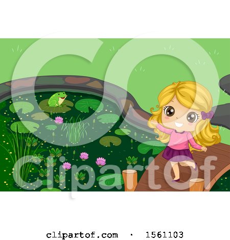 Clipart of a Blond White Girl Playing by a Pond - Royalty Free Vector Illustration by BNP Design Studio
