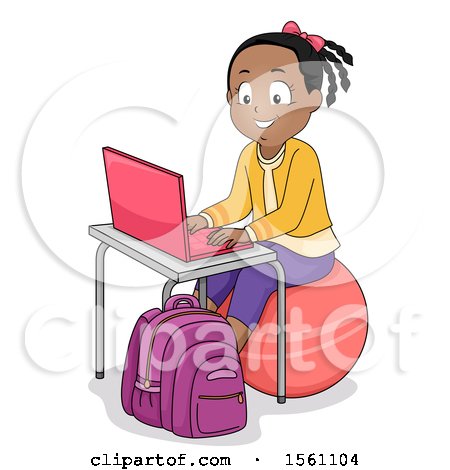 Clipart of a Happy Black Girl Sitting on an Exercise Ball and Using a Laptop - Royalty Free Vector Illustration by BNP Design Studio