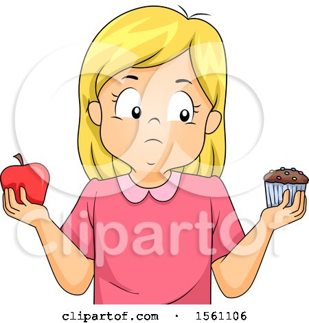 Clipart of a Blond White Girl Holding an Apple in One Hand and a Cupcake in the Other - Royalty Free Vector Illustration by BNP Design Studio