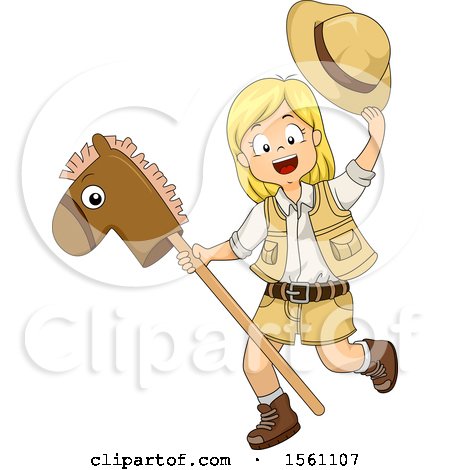 Clipart of a Blond White Girl Playing with a Stick Pony - Royalty Free Vector Illustration by BNP Design Studio