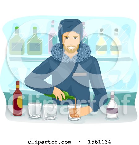 Clipart of a Male Bartender Pouring Beverages at an Ice Bar - Royalty Free Vector Illustration by BNP Design Studio