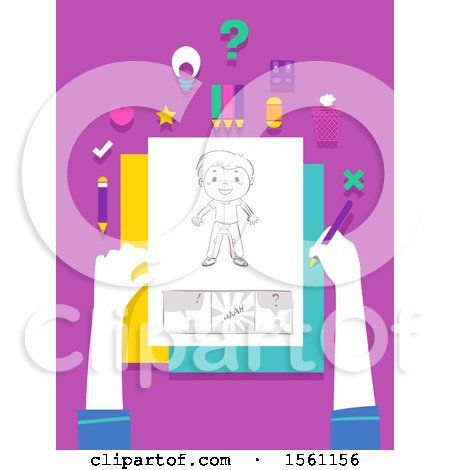 Clipart of Hands Holding a Pencil and Paper with Drawings for Comics - Royalty Free Vector Illustration by BNP Design Studio
