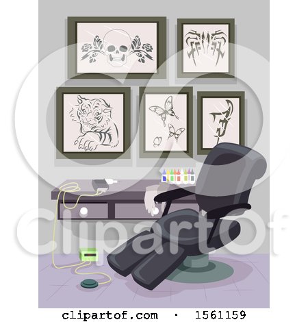 Clipart of a Tattoo Shop Interior with Art on the Wall and a Chair - Royalty Free Vector Illustration by BNP Design Studio