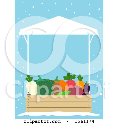 Clipart of a Winter Farmers Market Vendor Stall with Produce, over Blue with Snow - Royalty Free Vector Illustration by BNP Design Studio