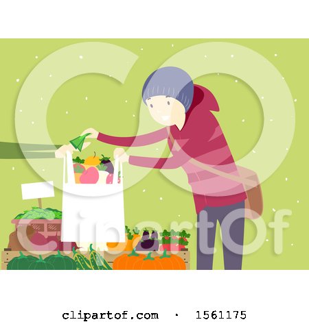 Clipart of a Happy Man Purchsing Produce at a Winter Farmers Market, over Green with Snow - Royalty Free Vector Illustration by BNP Design Studio