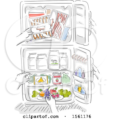 1561176 Clipart Of Hands Reaching For Different Foods Inside The Refrigerator Royalty Free Vector Illustration