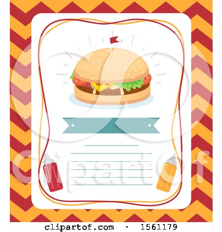 Clipart of a Burger with Tiny Flag, Ribbon, Mustard, Ketchup Sauce and Space for Text - Royalty Free Vector Illustration by BNP Design Studio