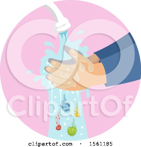 Clipart of Kid Hands Washing Hands Under Faucet with Germs Falling down - Royalty Free Vector Illustration by BNP Design Studio