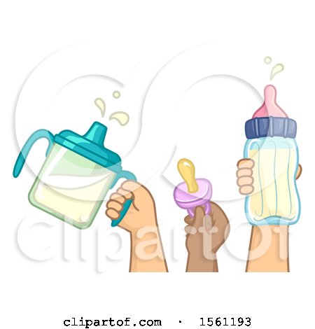 Clipart of Kids Hands Holding a Pacifier and Milk in Sippy Cup and Baby Bottle - Royalty Free Vector Illustration by BNP Design Studio