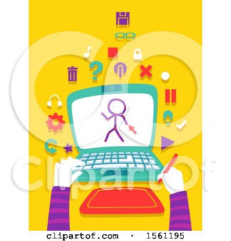 Clipart of Hands Holding a Graphic Pen with a Laptop and Creating an Animated Movie - Royalty Free Vector Illustration by BNP Design Studio