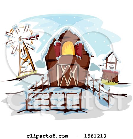 Clipart of a Winter Barn, Well and Windmill - Royalty Free Vector Illustration by BNP Design Studio