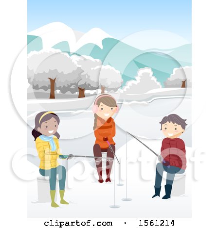 Clipart of a Group of Teenagers Ice Fishing - Royalty Free Vector Illustration by BNP Design Studio