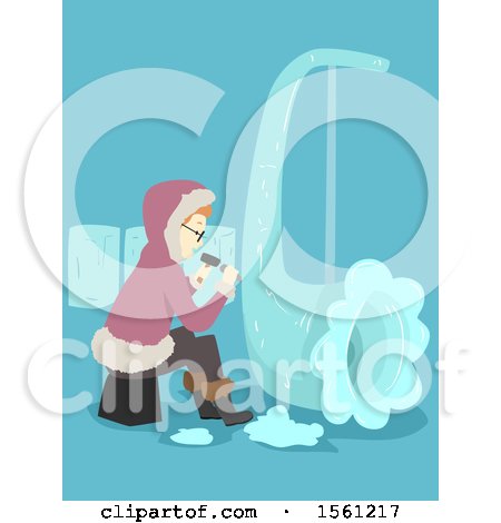 Clipart of a Sculptor Creating an Ice Wind Instrument, on Blue - Royalty Free Vector Illustration by BNP Design Studio