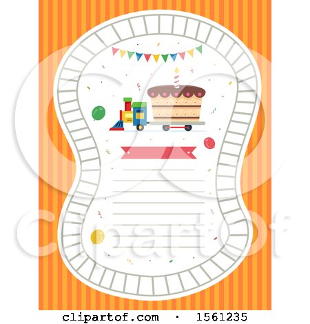 Clipart of a Train Carrying a Cake with a Lighted Candle, Pennant Flags, Railroad and Space for Text - Royalty Free Vector Illustration by BNP Design Studio