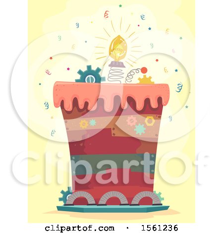 Clipart of a Junkyard Themed Cake with Bulb and Cogs with Confetti - Royalty Free Vector Illustration by BNP Design Studio