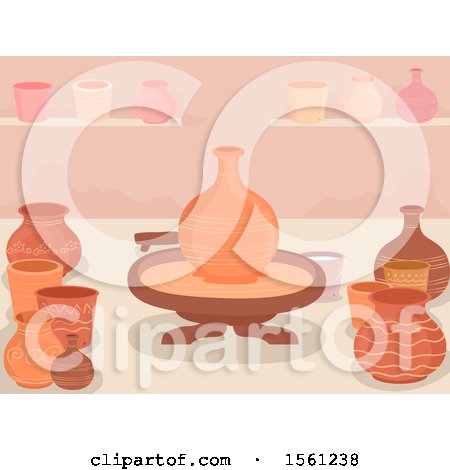 Clipart of a Potters Wheel and Pots Made Inside a Workshop - Royalty Free Vector Illustration by BNP Design Studio