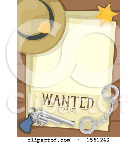 Clipart of a Blank Wanted Poster with a Sheriff Hat, Badge, Handcuffs and Pistol - Royalty Free Vector Illustration by BNP Design Studio