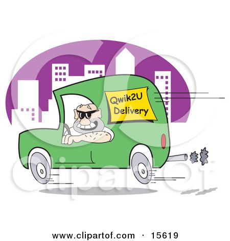 Man Speeding Down The Road In A City In A Green Van While Hurried To Make A Delivery Clipart Illustration by Andy Nortnik