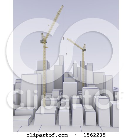 Clipart of a 3d City on a Graph, with Construction Cranes - Royalty Free Illustration by KJ Pargeter
