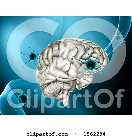 Clipart of a 3d Human Brain and Viruses over a Wave - Royalty Free Illustration by KJ Pargeter