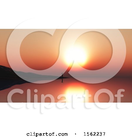 Clipart of a 3d Silhouetted Lone Man at the Edge of an Island Against an Ocean Sunset - Royalty Free Illustration by KJ Pargeter