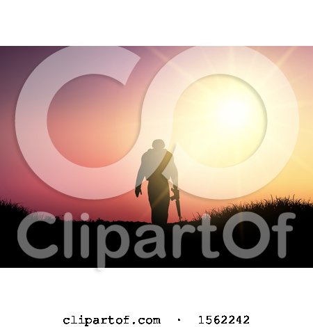 Clipart of a 3d Silhouetted Soldier Against a Sunset - Royalty Free Vector Illustration by KJ Pargeter