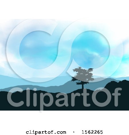 Clipart of a Silhouetted Tree and Hills over a Watercolor Sky - Royalty Free Vector Illustration by KJ Pargeter