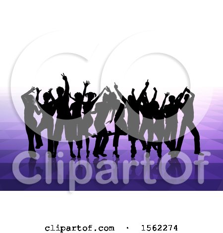Clipart of a Silhouetted Group of Party People over Purple - Royalty Free Vector Illustration by KJ Pargeter